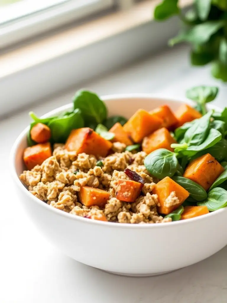A colorful bowl filled with ground turkey, mixed with diced carrots, green beans, and corn, all glistening with a light sauce. The ingredients are well-blended, showcasing a hearty and nutritious meal, used to advertise the Turkey & Vegetable Medley.