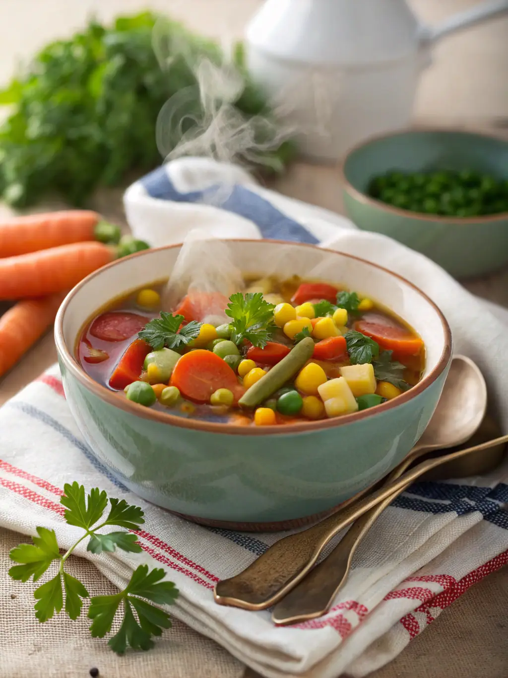 A bowl filled with a hearty mixture of shredded chicken, brown rice, and colorful vegetables like peas and carrots, all glistening with a light broth. The ingredients are well-combined, showcasing the texture and freshness of the meal, used to advertise the Chicken & Brown Rice Recipe.