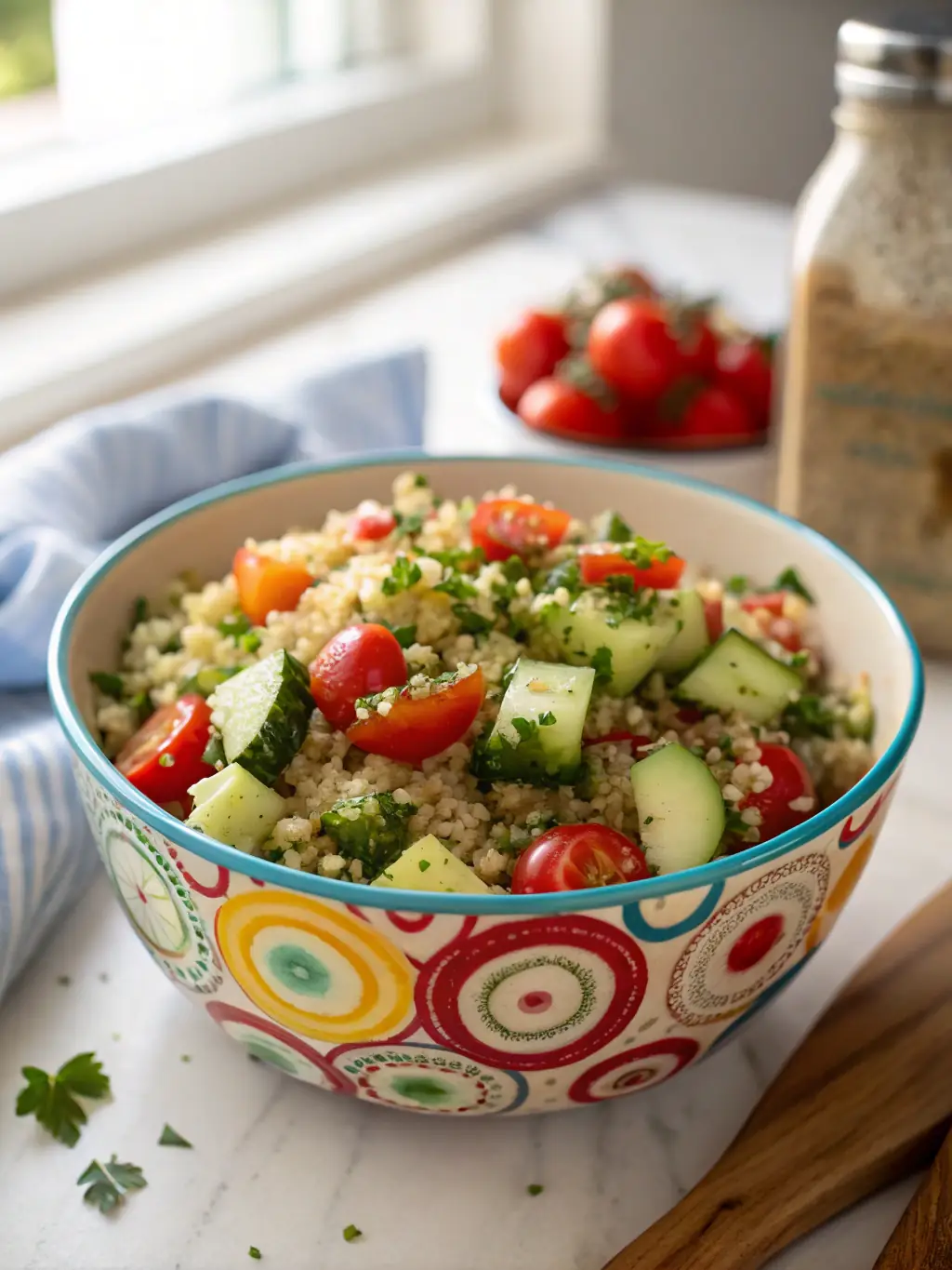 A stylish bowl filled with flaky salmon pieces, fluffy quinoa, and a sprinkle of green herbs, creating a colorful and appetizing presentation. The dish looks fresh and inviting, with a hint of steam rising from the warm ingredients, used to advertise the Salmon & Quinoa Blend.